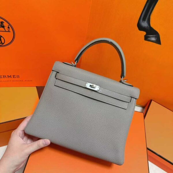 Joe Luxury Kelly Togo Leather Light Grey Silver Hardware 25cm Full Handmade