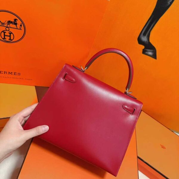 Joe Luxury Kelly Shiny Box Leather Bordeaux Red Silver Hardware 25cm Full Handmade