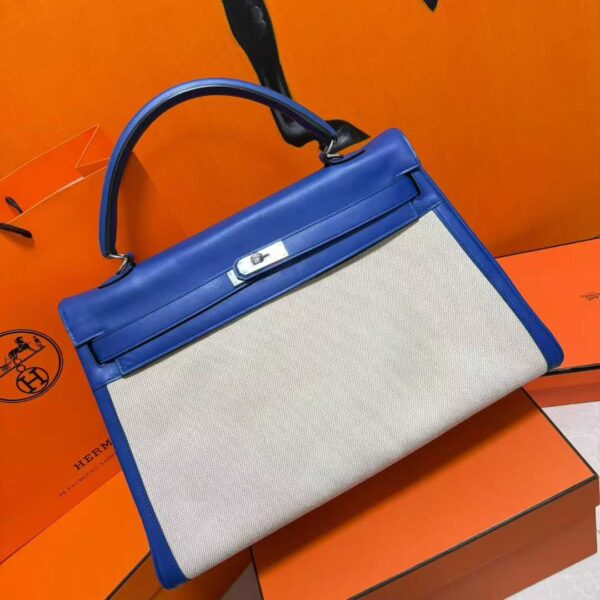 Joe Luxury Kelly Swift Leather & Canvas Shiny Blue Silver Hardware 40cm Full Handmade
