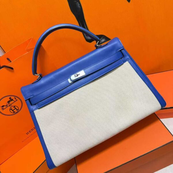 Joe Luxury Kelly Swift Leather & Canvas Shiny Blue Silver Hardware 40cm Full Handmade