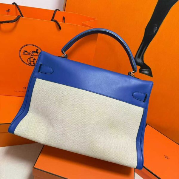 Joe Luxury Kelly Swift Leather & Canvas Shiny Blue Silver Hardware 40cm Full Handmade