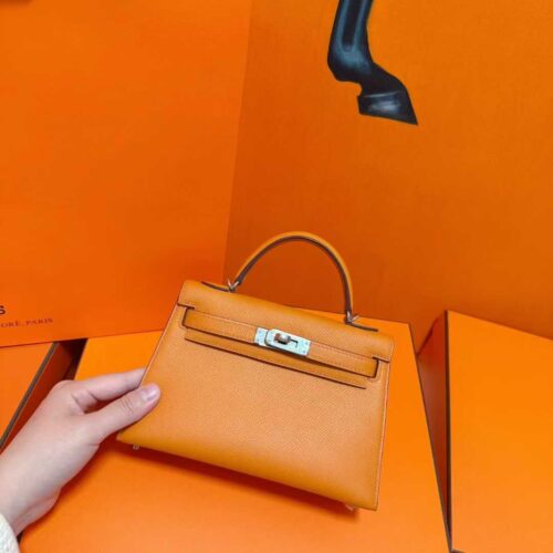 Joe Luxury Mini Kelly Epsom Leather Orange Silver Hardware 19cm Full Handmade