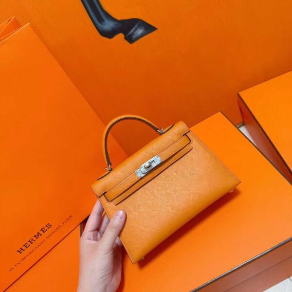 Joe Luxury Mini Kelly Epsom Leather Orange Silver Hardware 19cm Full Handmade
