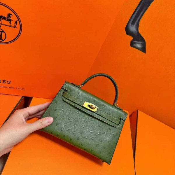 Joe Luxury Mini Kelly Ostrich Leather Olive Green Gold Hardware 19cm Full Handmade