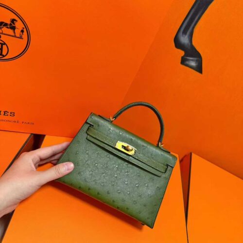 Joe Luxury Mini Kelly Ostrich Leather Olive Green Gold Hardware 19cm Full Handmade