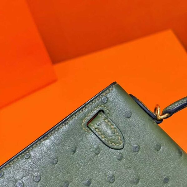 Joe Luxury Mini Kelly Ostrich Leather Olive Green Gold Hardware 19cm Full Handmade