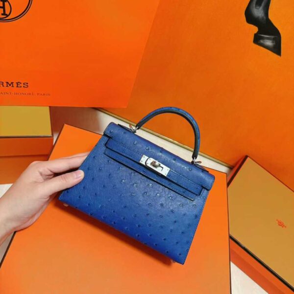 Joe Luxury Mini Kelly Ostrich Leather Gem Blue Silver Hardware 19cm Full Handmade