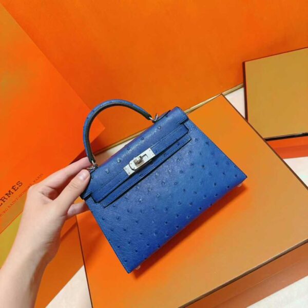 Joe Luxury Mini Kelly Ostrich Leather Gem Blue Silver Hardware 19cm Full Handmade