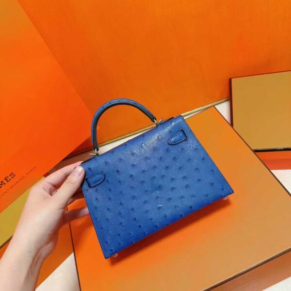 Joe Luxury Mini Kelly Ostrich Leather Gem Blue Silver Hardware 19cm Full Handmade