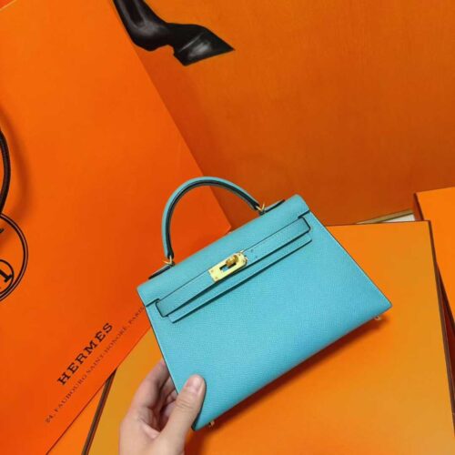 Joe Luxury Mini Kelly Epsom Leather Candy Blue Gold Hardware 19cm Full Handmade