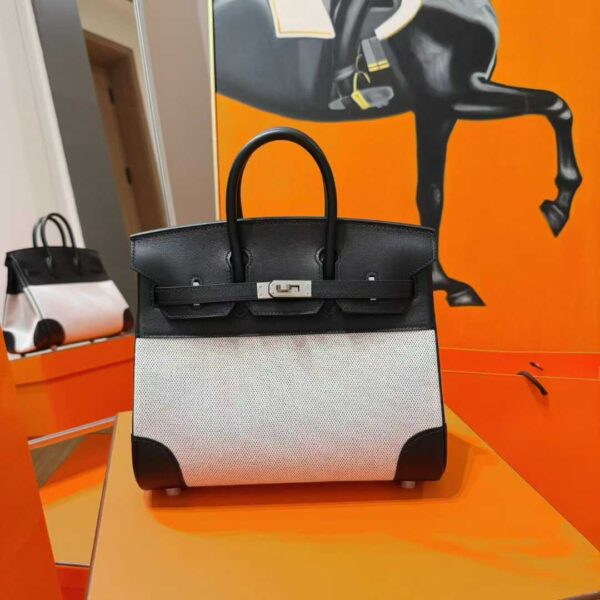 Joe Luxury Birkin Swift Leather & Canvas CK89 Black Silver Hardware 25cm Full Handmade