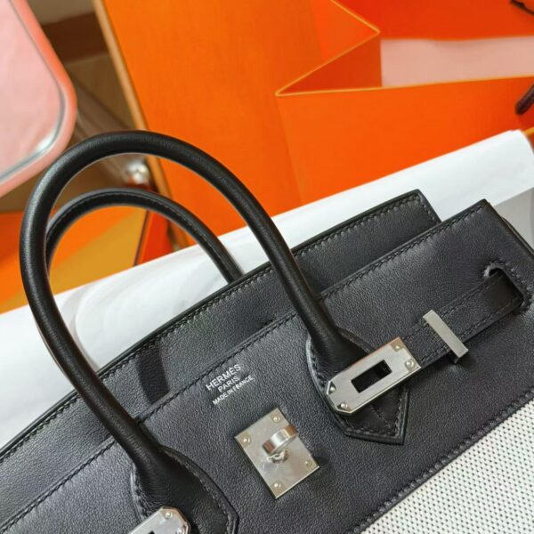 Joe Luxury Birkin Swift Leather & Canvas CK89 Black Silver Hardware 25cm Full Handmade