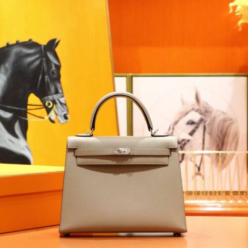 Joe Luxury Kelly Epsom Leather Light Khaki Silver Hardware 25cm Full Handmade