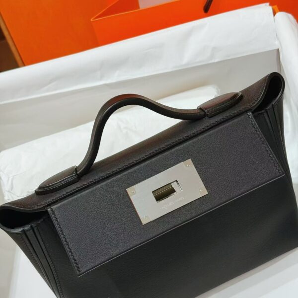 Joe Luxury Mini Kelly 2424 Swift Leather Black Silver Hardware 21cm Full Handmade