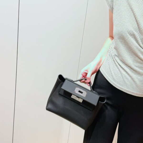 Joe Luxury Mini Kelly 2424 Swift Leather Black Silver Hardware 21cm Full Handmade