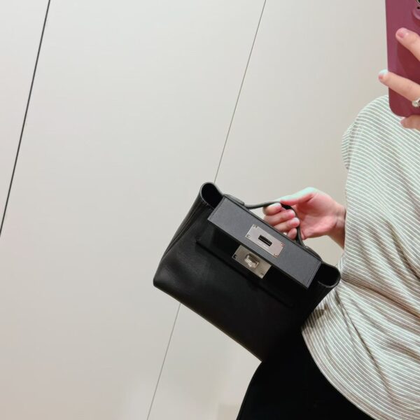 Joe Luxury Mini Kelly 2424 Swift Leather Black Silver Hardware 21cm Full Handmade