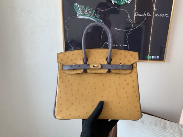 Full Handmade Top Quality Birkin 25CM CK37 8F Etain Gold Hardware Ostrich Leather