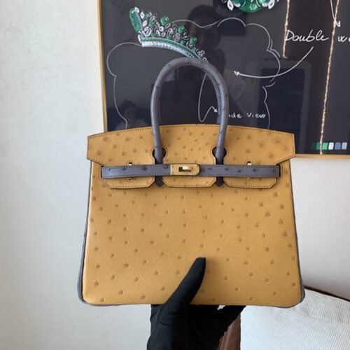 wsxc1757699665687_0 Full Handmade Top Quality Birkin 25CM CK37 8F Etain Gold Hardware Ostrich Leather