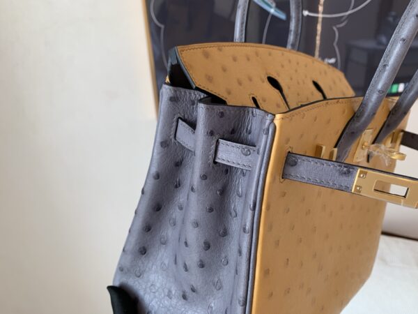 Full Handmade Top Quality Birkin 25CM CK37 8F Etain Gold Hardware Ostrich Leather