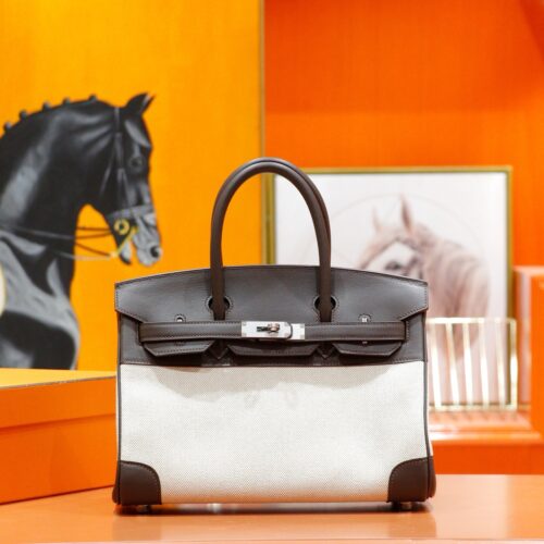 wsxc1764761699447_0 Joe Luxury Birkin Canvas & Swift Leather Ebony Color Silver Hardware 30cm Full Handmade