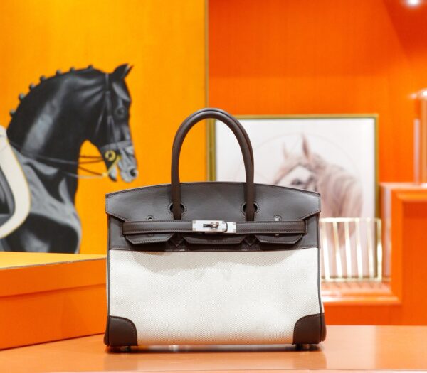 Joe Luxury Birkin Canvas & Swift Leather Ebony Color Silver Hardware 30cm Full Handmade