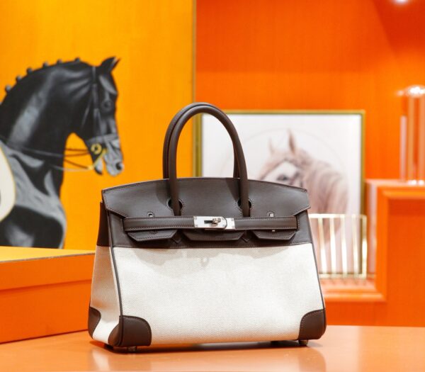 Joe Luxury Birkin Canvas & Swift Leather Ebony Color Silver Hardware 30cm Full Handmade