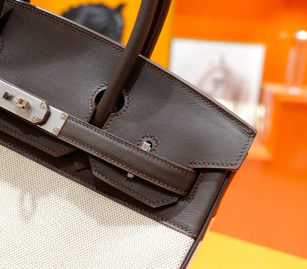 Joe Luxury Birkin Canvas & Swift Leather Ebony Color Silver Hardware 30cm Full Handmade