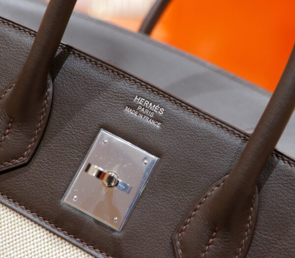 Joe Luxury Birkin Canvas & Swift Leather Ebony Color Silver Hardware 30cm Full Handmade