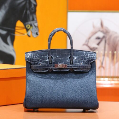 Joe Luxury Birkin Togo & Shiny Alligator Crocodile Gem Blue Silver Hardware 25cm Full Handmade