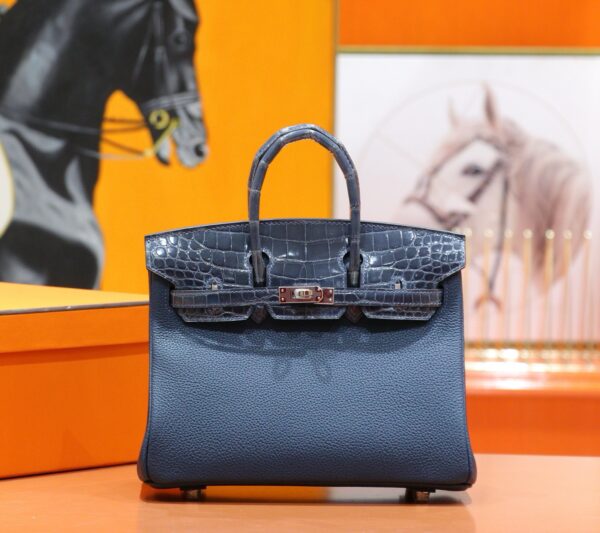 Joe Luxury Birkin Togo & Shiny Alligator Crocodile Gem Blue Silver Hardware 25cm Full Handmade