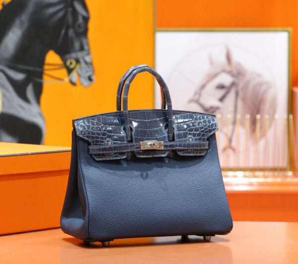 Joe Luxury Birkin Togo & Shiny Alligator Crocodile Gem Blue Silver Hardware 25cm Full Handmade
