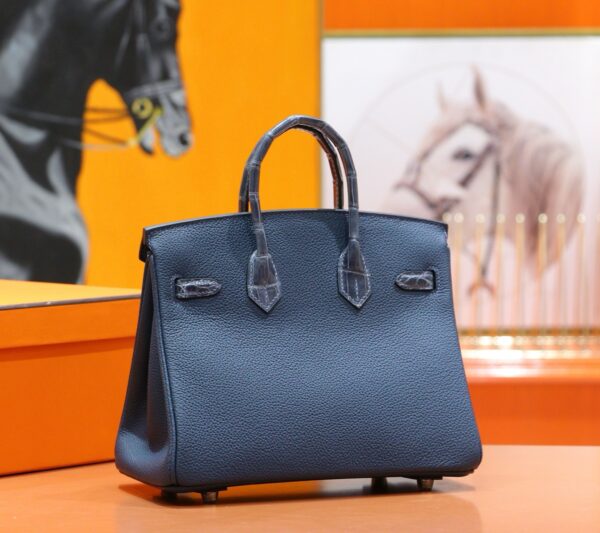Joe Luxury Birkin Togo & Shiny Alligator Crocodile Gem Blue Silver Hardware 25cm Full Handmade