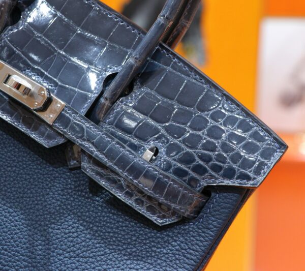 Joe Luxury Birkin Togo & Shiny Alligator Crocodile Gem Blue Silver Hardware 25cm Full Handmade