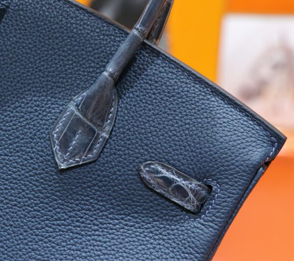 Joe Luxury Birkin Togo & Shiny Alligator Crocodile Gem Blue Silver Hardware 25cm Full Handmade