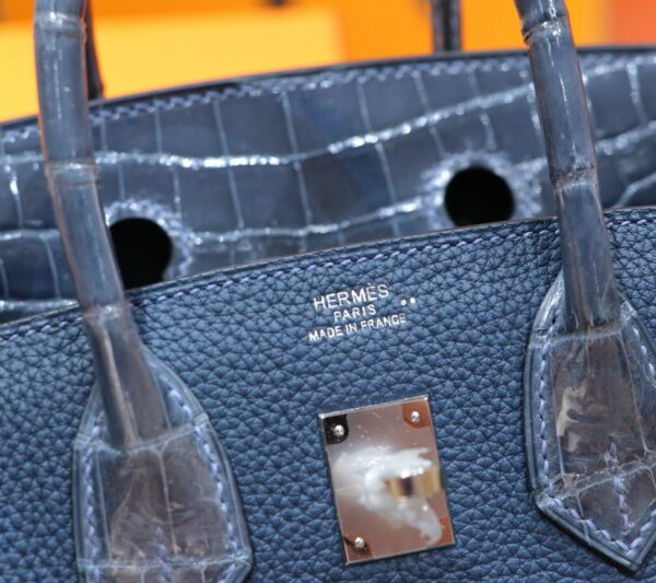 Joe Luxury Birkin Togo & Shiny Alligator Crocodile Gem Blue Silver Hardware 25cm Full Handmade