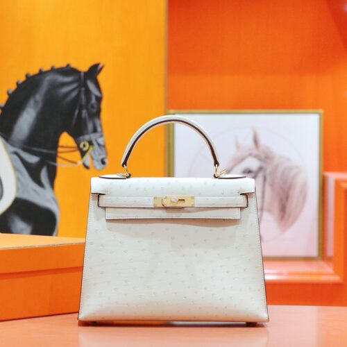 wsxc1765901719558_0 Joe Luxury Kelly Ostrich Leather Wool White Gold Hardware 25cm Full Handmade