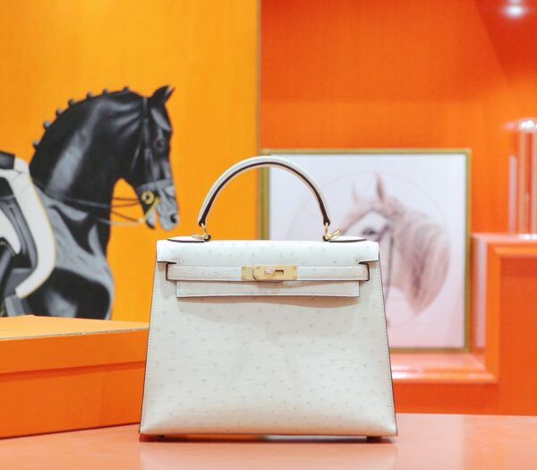 Joe Luxury Kelly Ostrich Leather Wool White Gold Hardware 25cm Full Handmade