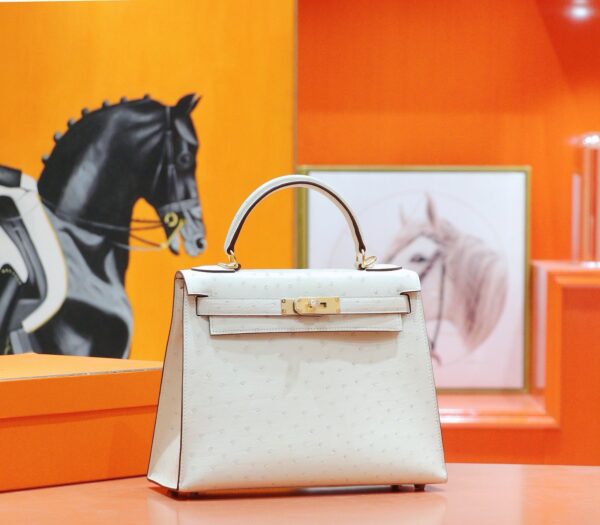 Joe Luxury Kelly Ostrich Leather Wool White Gold Hardware 25cm Full Handmade